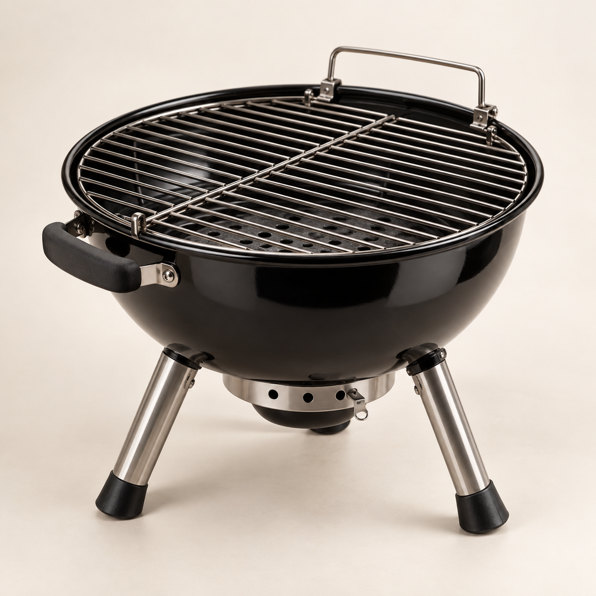 Concept image of a compact black tabletop charcoal grill