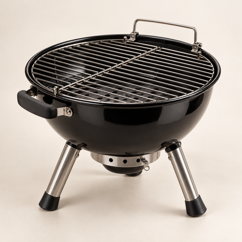 Concept image of a compact black tabletop charcoal grill